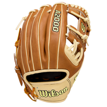A brown and cream Wilson A2000 1975 11.75" Baseball Glove (WBW1041131175) made of Pro Stock Leather, with black and yellow lettering, shown from the back with visible stitching.