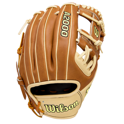 A brown and cream Wilson A2000 1975 11.75" Baseball Glove (WBW1041131175) made of Pro Stock Leather, with black and yellow lettering, shown from the back with visible stitching.