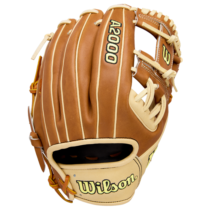 A brown and cream Wilson A2000 1975 11.75" Baseball Glove (WBW1041131175) made of Pro Stock Leather, with black and yellow lettering, shown from the back with visible stitching.