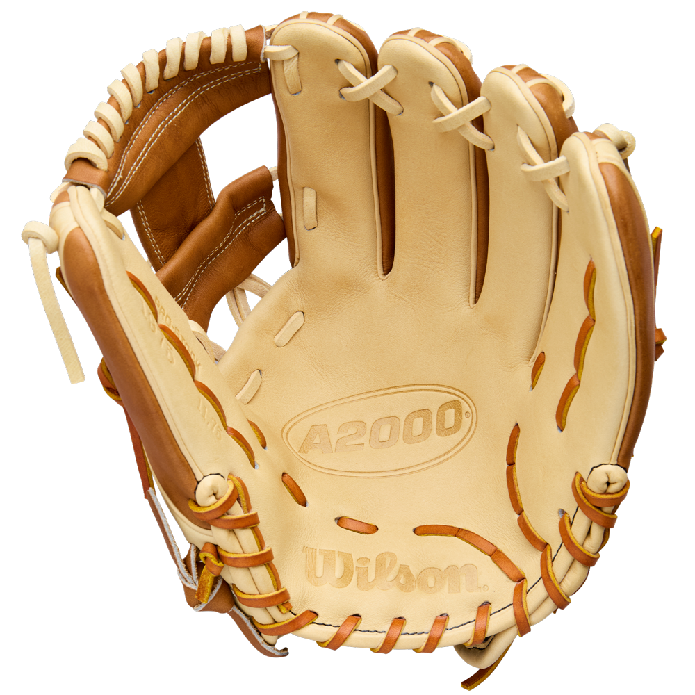 A tan and light brown Wilson A2000 1975 11.75" Baseball Glove (WBW1041131175) is shown open, featuring visible stitching, Pro Stock Leather construction, and embossed Wilson logos on the palm.