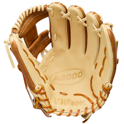 A tan and light brown Wilson A2000 1975 11.75" Baseball Glove (WBW1041131175) is shown open, featuring visible stitching, Pro Stock Leather construction, and embossed Wilson logos on the palm.