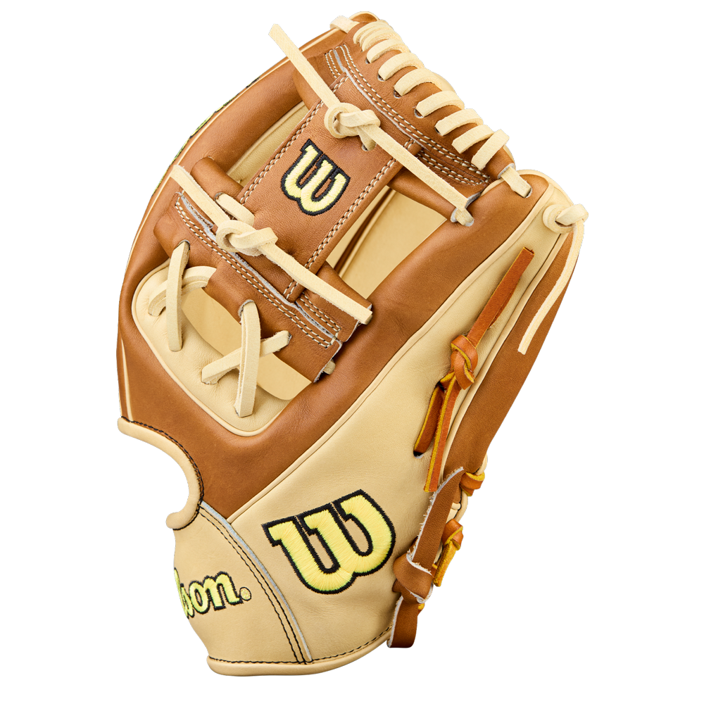 The Wilson A2000 1975 11.75" Baseball Glove (WBW1041131175) features a tan and brown design with yellow “W” logos, white laces, open web, and Pro Stock Leather, displayed on a plain white background.