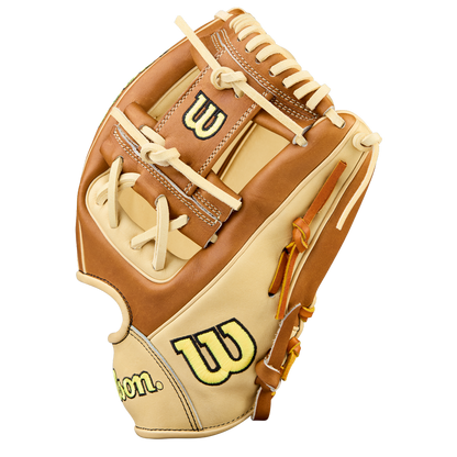 The Wilson A2000 1975 11.75" Baseball Glove (WBW1041131175) features a tan and brown design with yellow “W” logos, white laces, open web, and Pro Stock Leather, displayed on a plain white background.