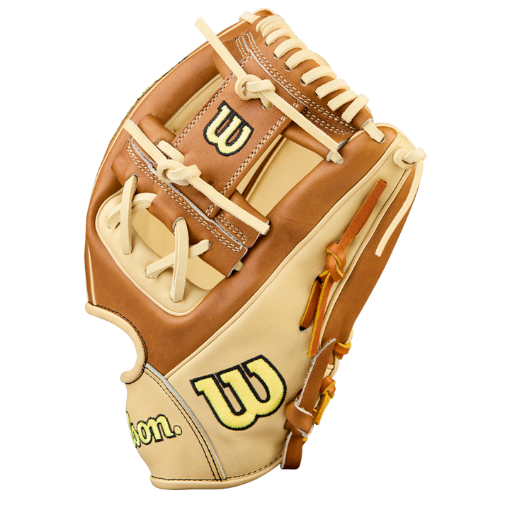 The Wilson A2000 1975 11.75" Baseball Glove (WBW1041131175) features a tan and brown design with yellow “W” logos, white laces, open web, and Pro Stock Leather, displayed on a plain white background.