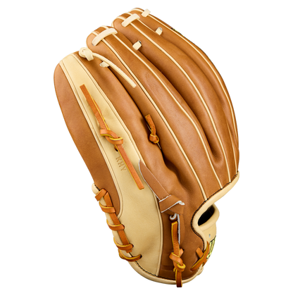 The Wilson A2000 1975 11.75" Baseball Glove (WBW1041131175) features tan and beige Pro Stock Leather with brown and orange laces, shown from the back to highlight the stitching and finger slots against a plain white background.