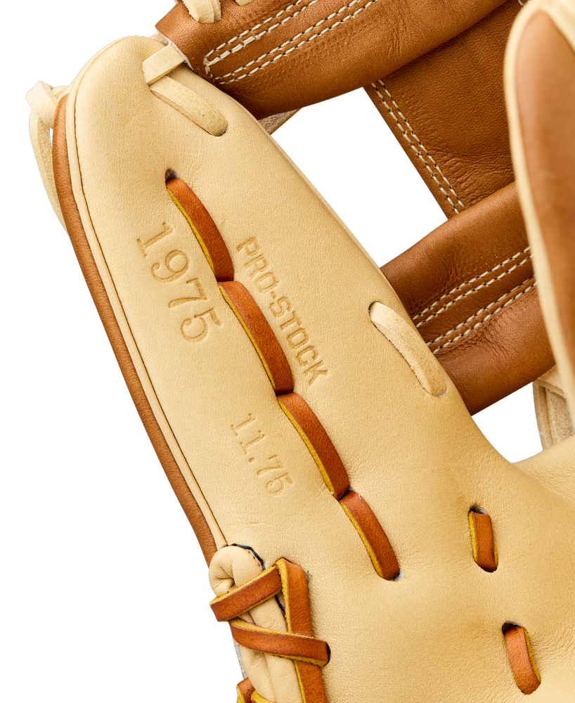 Close-up of the Wilson A2000 1975 11.75" Baseball Glove (WBW1041131175), featuring tan and brown Pro Stock leather, detailed stitching, and embossed inner palm text.