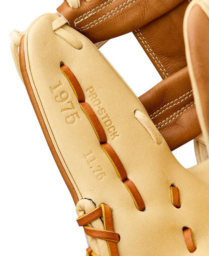 Close-up of the Wilson A2000 1975 11.75" Baseball Glove (WBW1041131175), featuring tan and brown Pro Stock leather, detailed stitching, and embossed inner palm text.