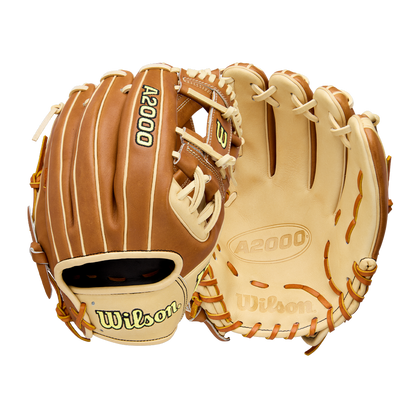 Two tan and brown Wilson A2000 1975 11.75" baseball gloves are shown side by side—one displays the laced back with Wilson branding, while the other reveals the palm with embossed A2000 and Wilson logos, crafted from Pro Stock Leather.