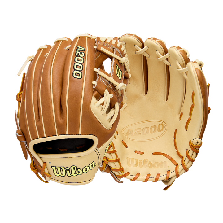 Two tan and brown Wilson A2000 1975 11.75" baseball gloves are shown side by side—one displays the laced back with Wilson branding, while the other reveals the palm with embossed A2000 and Wilson logos, crafted from Pro Stock Leather.