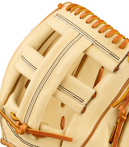 Close-up of the Wilson A2000 EL3 11.75" Baseball Glove (WBW1041141175) crafted with Pro Stock Leather, featuring brown laces, black stitching, and showcasing its webbing and detailed craftsmanship.