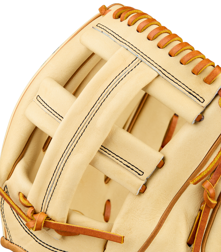 Close-up of the Wilson A2000 EL3 11.75" Baseball Glove (WBW1041141175) crafted with Pro Stock Leather, featuring brown laces, black stitching, and showcasing its webbing and detailed craftsmanship.