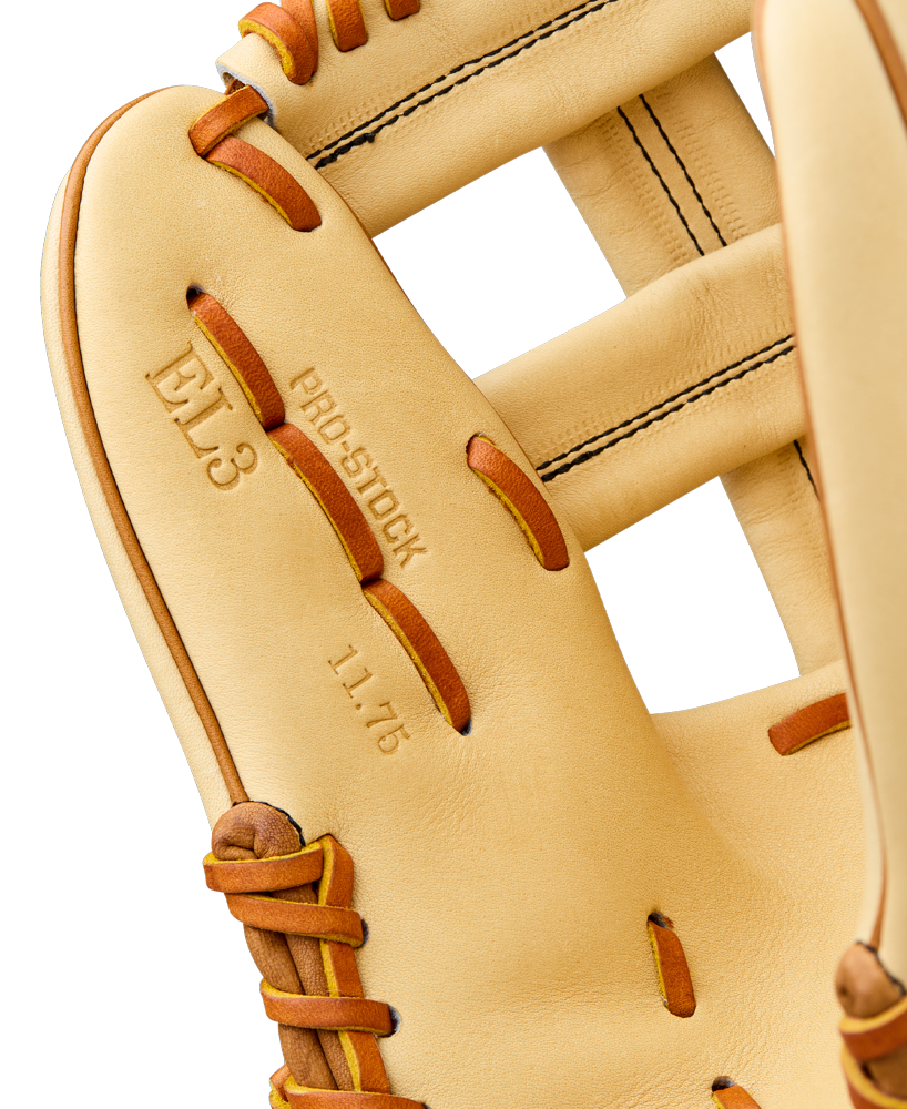 Close-up of a tan Wilson A2000 EL3 11.75" Baseball Glove (WBW1041141175), crafted from Pro Stock Leather, with detailed stitching and embossed text reading EL3, PRO STOCK, and 11.75 on the palm.