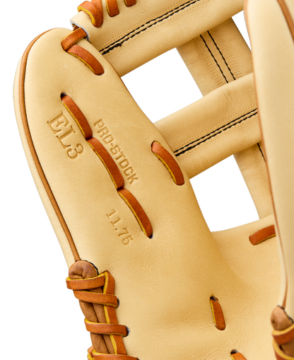 Close-up of a tan Wilson A2000 EL3 11.75" Baseball Glove (WBW1041141175), crafted from Pro Stock Leather, with detailed stitching and embossed text reading EL3, PRO STOCK, and 11.75 on the palm.