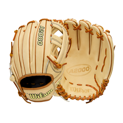 Two tan Wilson A2000 EL3 11.75" Baseball Gloves (WBW1041141175) are shown—one palm-up with Wilson branding, the other showing the back. Both are crafted with Pro Stock Leather and ideal for third base.