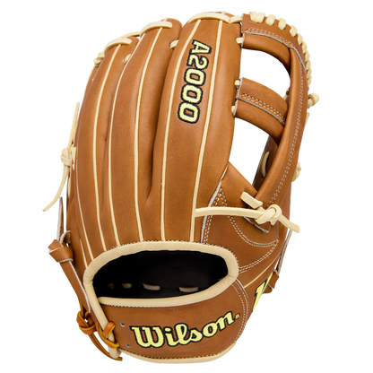 The Wilson A2000 EL3 11.75" Baseball Glove (WBW1041151175) features tan Pro Stock Leather with cream laces and stitching, plus black and yellow embroidered "A2000" and "Wilson" logos. The glove is shown palm side down.