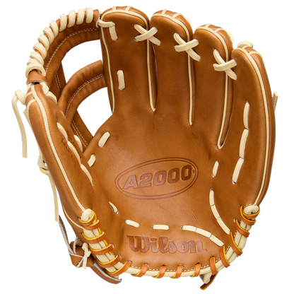 The Wilson A2000 EL3 11.75" Baseball Glove (WBW1041151175) by Wilson features tan Pro Stock Leather with cream laces, palm-side view, and embossed A2000 and Wilson logos.