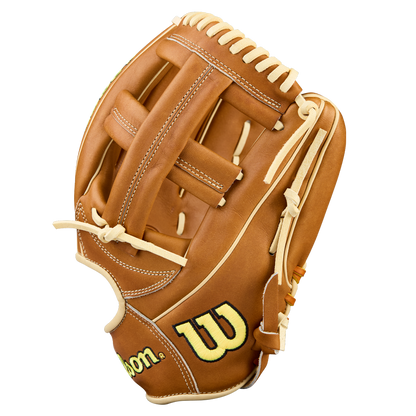 The Wilson A2000 EL3 11.75" Baseball Glove (WBW1041151175) features tan Pro Stock Leather with cream laces, yellow W logo, and open webbing—perfect for fans of the Wilson brand.