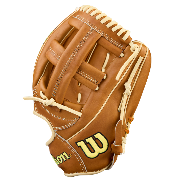 The Wilson A2000 EL3 11.75" Baseball Glove (WBW1041151175) features tan Pro Stock Leather with cream laces, yellow W logo, and open webbing—perfect for fans of the Wilson brand.