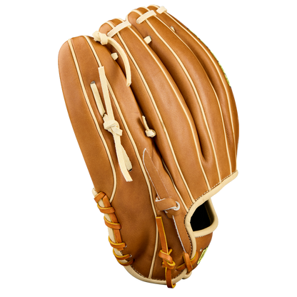 A Wilson A2000 EL3 11.75" baseball glove (WBW1041151175), tan with cream laces and crafted from Pro Stock Leather, is displayed closed against a white background.