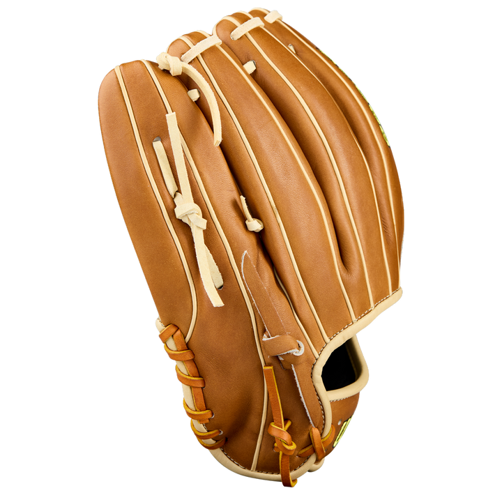 A Wilson A2000 EL3 11.75" baseball glove (WBW1041151175), tan with cream laces and crafted from Pro Stock Leather, is displayed closed against a white background.
