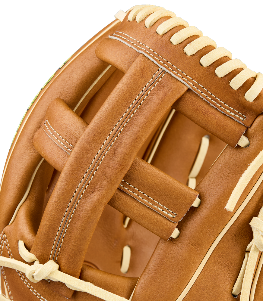 Close-up of the Wilson A2000 EL3 11.75" Baseball Glove (WBW1041151175) by Wilson, crafted from Pro Stock Leather with cream laces and visible stitching, showcasing its detailed webbing and padding.