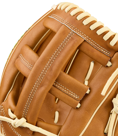 Close-up of the Wilson A2000 EL3 11.75" Baseball Glove (WBW1041151175) by Wilson, crafted from Pro Stock Leather with cream laces and visible stitching, showcasing its detailed webbing and padding.