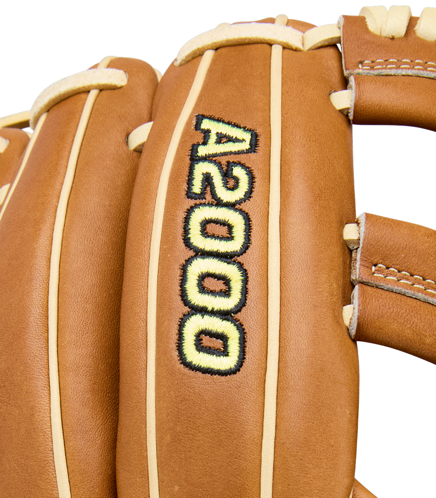 Close-up of a Wilson A2000 EL3 11.75" Baseball Glove (WBW1041151175) with Pro Stock Leather, brown color, black/yellow A2000 embroidery, and cream laces and stitching.