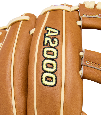 Close-up of a Wilson A2000 EL3 11.75" Baseball Glove (WBW1041151175) with Pro Stock Leather, brown color, black/yellow A2000 embroidery, and cream laces and stitching.