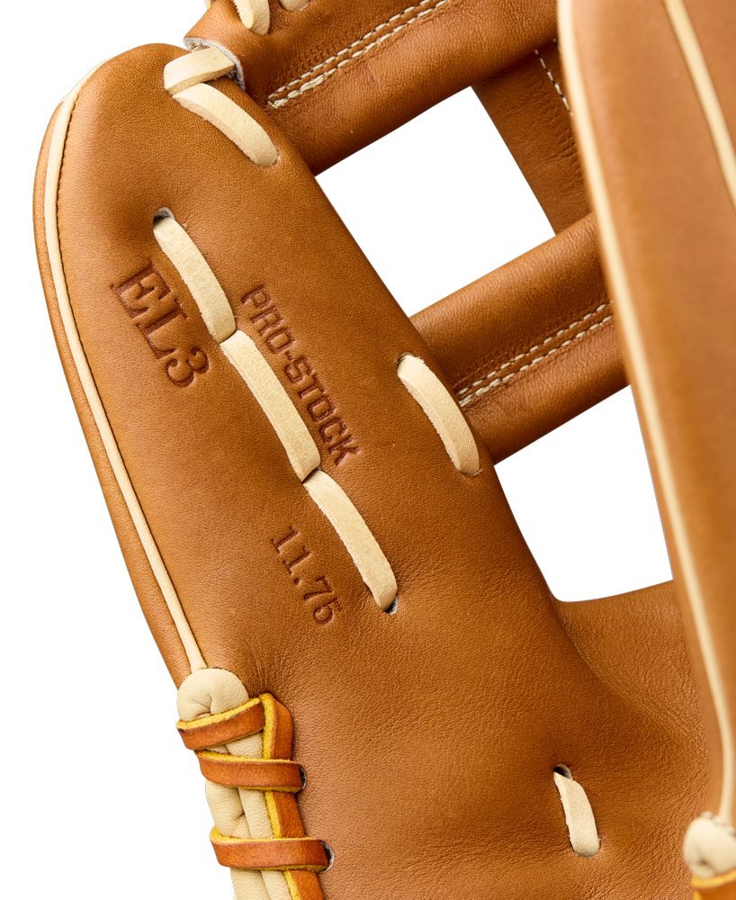 Close-up of the Wilson A2000 EL3 11.75" Baseball Glove: WBW1041151175, featuring tan leather, white stitching and laces, with embossed details reading A2000, Pro Stock Leather, and 11.75 inside the glove.