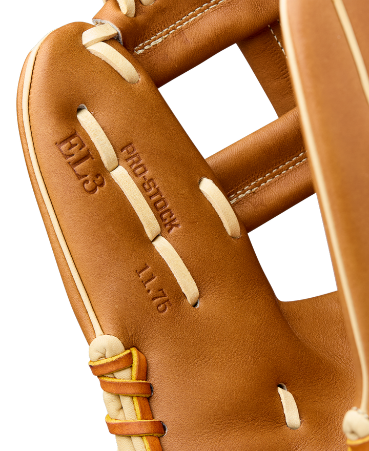 Close-up of the Wilson A2000 EL3 11.75" Baseball Glove: WBW1041151175, featuring tan leather, white stitching and laces, with embossed details reading A2000, Pro Stock Leather, and 11.75 inside the glove.