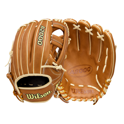 A pair of Wilson A2000 EL3 11.75" baseball gloves in brown, shown front and back, feature cream laces, visible Wilson logos, and are made with durable Pro Stock Leather.