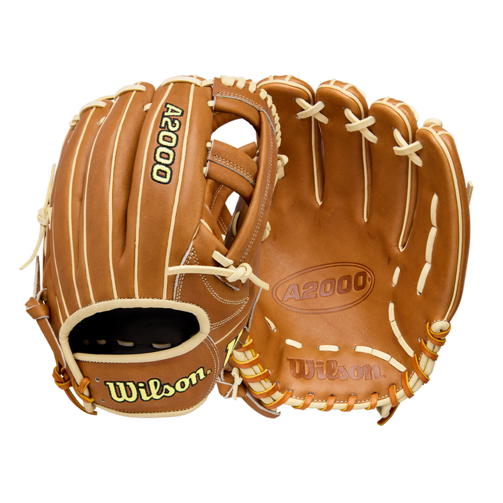 A pair of Wilson A2000 EL3 11.75" baseball gloves in brown, shown front and back, feature cream laces, visible Wilson logos, and are made with durable Pro Stock Leather.