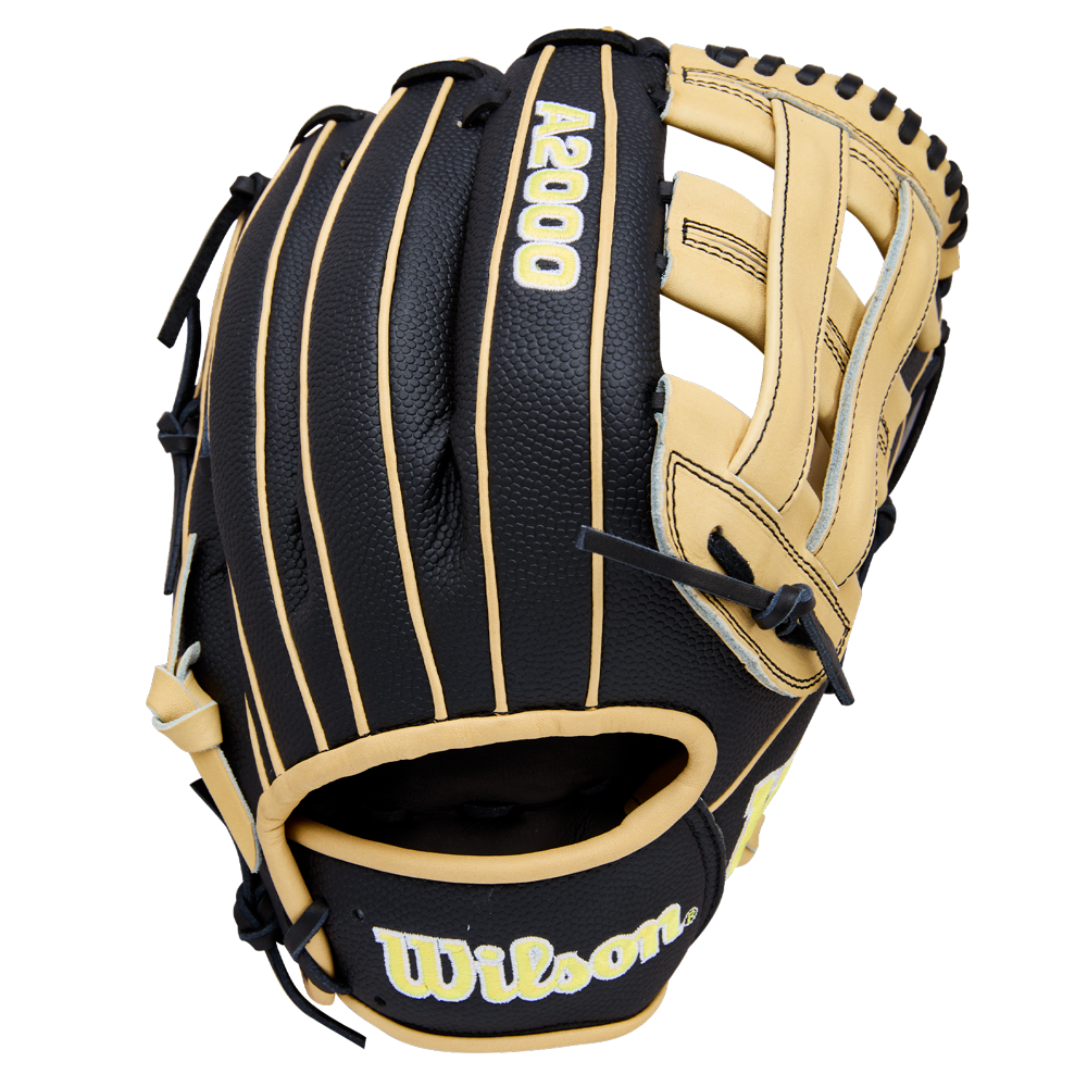 A Wilson A2000 DW5 12" infield baseball glove in black and tan Pro Stock Leather, with visible stitching and yellow Wilson and A2000 logos, displayed on a plain white background.