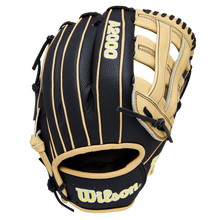 A Wilson A2000 DW5 12" infield baseball glove in black and tan Pro Stock Leather, with visible stitching and yellow Wilson and A2000 logos, displayed on a plain white background.