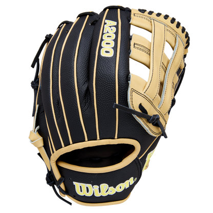 A Wilson A2000 DW5 12" infield baseball glove in black and tan Pro Stock Leather, with visible stitching and yellow Wilson and A2000 logos, displayed on a plain white background.