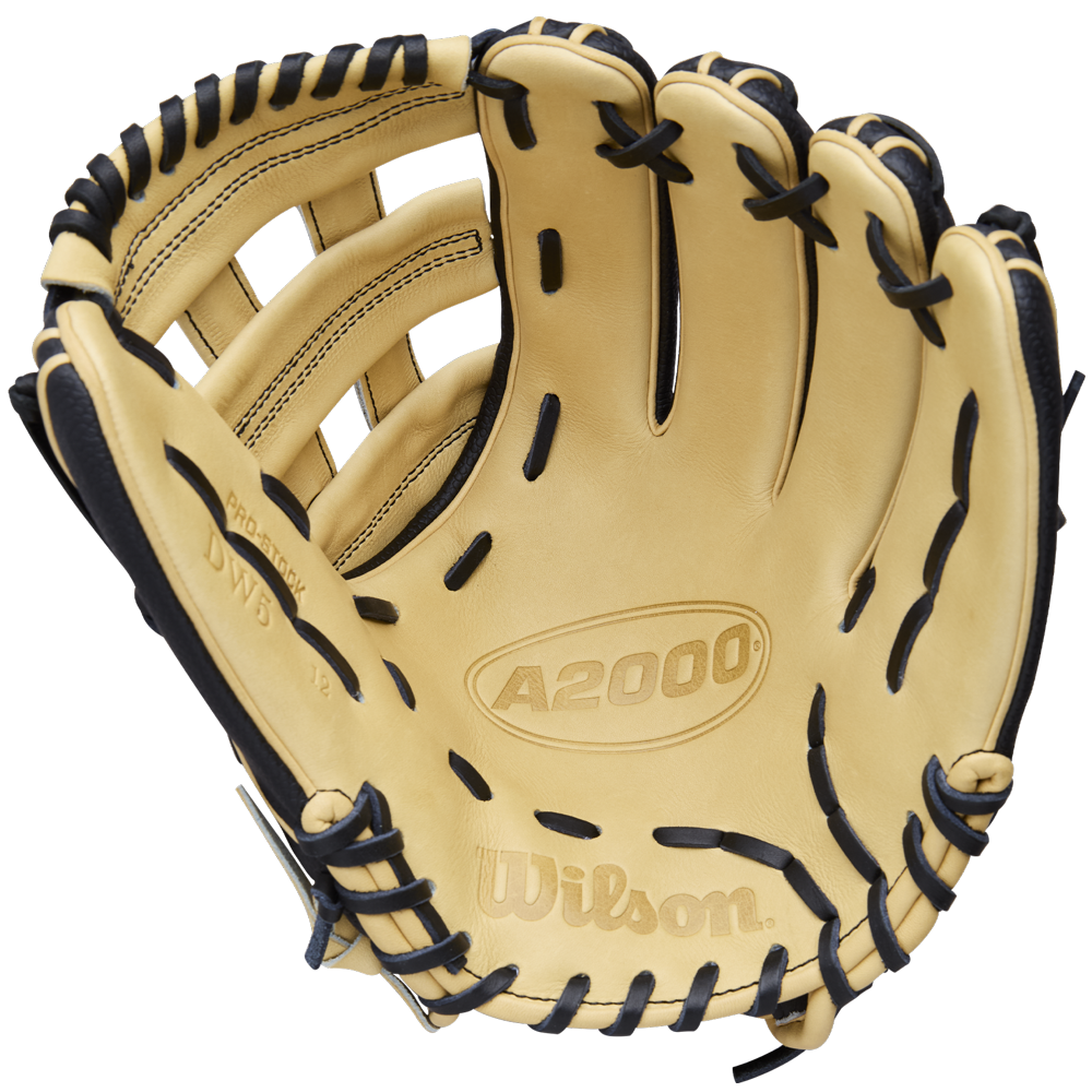 The Wilson A2000 DW5 12" Baseball Glove (WBW10411612) features a tan Pro Stock Leather design with black lacing, visible stitching, Wilson logos, and showcases the inside palm and finger areas.