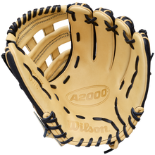 The Wilson A2000 DW5 12" Baseball Glove (WBW10411612) features a tan Pro Stock Leather design with black lacing, visible stitching, Wilson logos, and showcases the inside palm and finger areas.