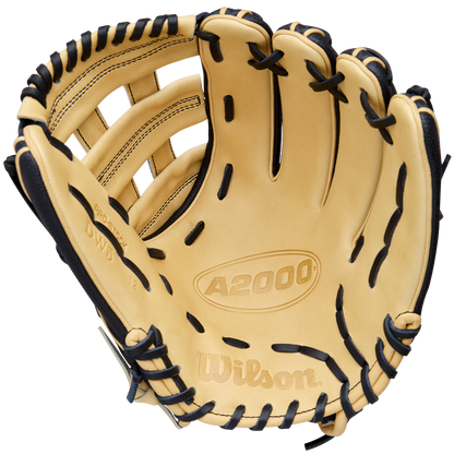 The Wilson A2000 DW5 12" Baseball Glove (WBW10411612) features a tan Pro Stock Leather design with black lacing, visible stitching, Wilson logos, and showcases the inside palm and finger areas.