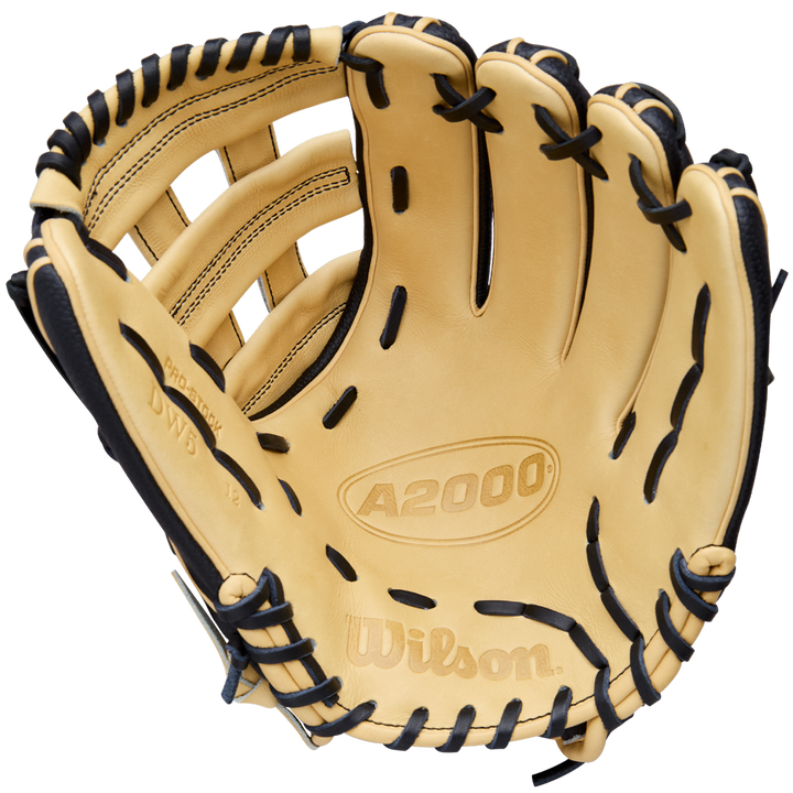 The Wilson A2000 DW5 12" Baseball Glove (WBW10411612) features a tan Pro Stock Leather design with black lacing, visible stitching, Wilson logos, and showcases the inside palm and finger areas.