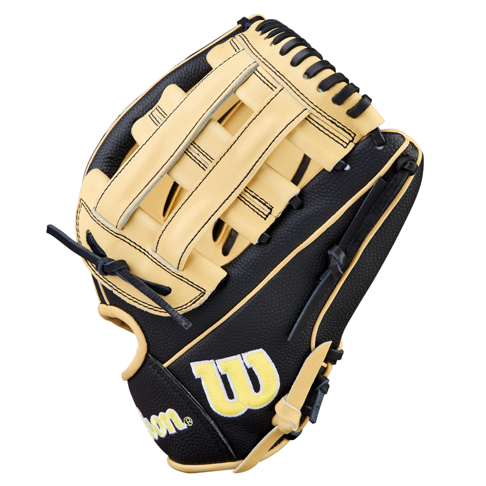 A Wilson A2000 DW5 12" black and tan infield baseball glove with tan laces, crafted from Pro Stock Leather and displaying a bold yellow W logo on the thumb, is shown against a plain white background.