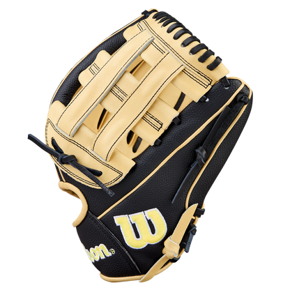 A Wilson A2000 DW5 12" black and tan infield baseball glove with tan laces, crafted from Pro Stock Leather and displaying a bold yellow W logo on the thumb, is shown against a plain white background.