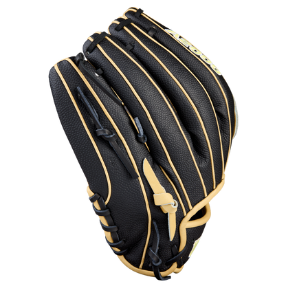 The Wilson A2000 DW5 12" Baseball Glove (WBW10411612) by Wilson is a black infield glove with tan laces and stitching, crafted from durable Pro Stock Leather, shown against a white background.