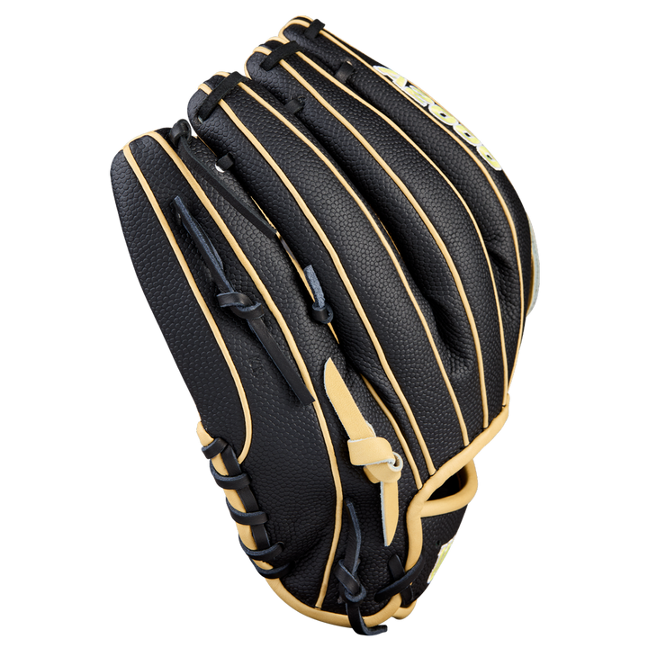 The Wilson A2000 DW5 12" Baseball Glove (WBW10411612) by Wilson is a black infield glove with tan laces and stitching, crafted from durable Pro Stock Leather, shown against a white background.
