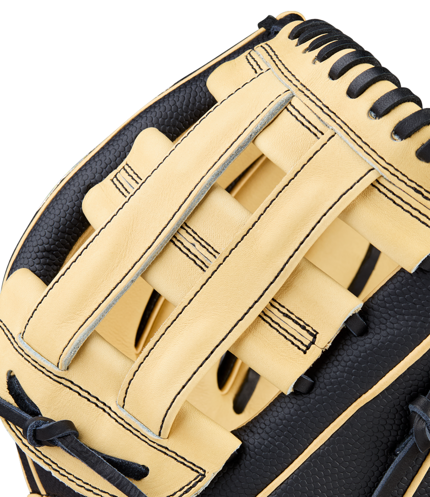 Close-up of the Wilson A2000 DW5 12" Baseball Glove (WBW10411612) by Wilson, crafted with Pro Stock Leather in tan and black, featuring detailed stitching, webbing, and black laces.
