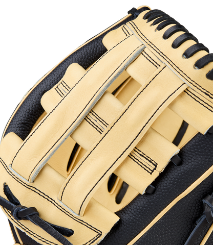 Close-up of the Wilson A2000 DW5 12" Baseball Glove (WBW10411612) by Wilson, crafted with Pro Stock Leather in tan and black, featuring detailed stitching, webbing, and black laces.