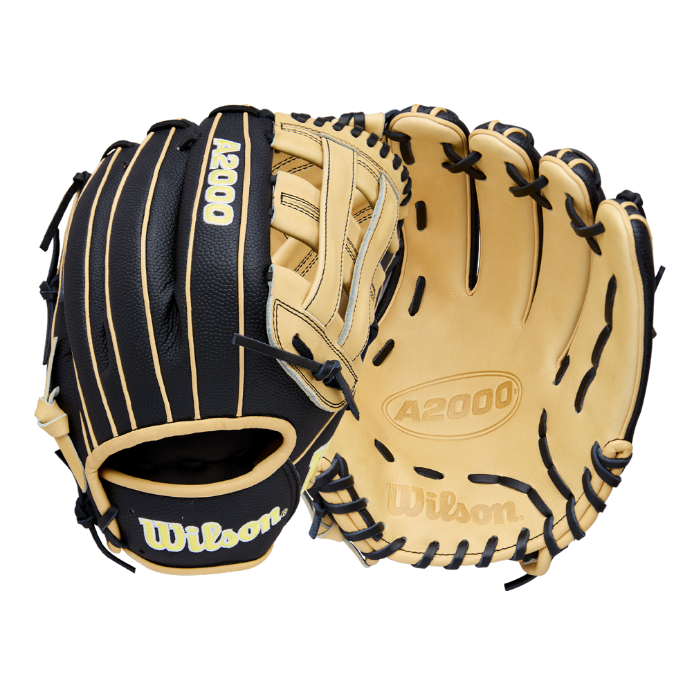 Two Wilson A2000 DW5 12" baseball gloves by Wilson—one shows a black and tan exterior with yellow stitching, the other displays a tan Pro Stock Leather palm with black laces and embossed brand logos.
