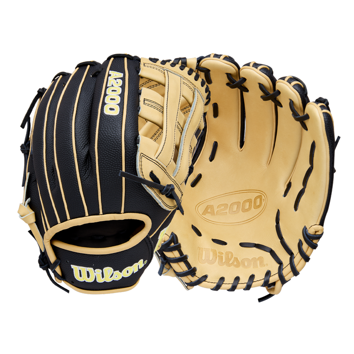 Two Wilson A2000 DW5 12" baseball gloves by Wilson—one shows a black and tan exterior with yellow stitching, the other displays a tan Pro Stock Leather palm with black laces and embossed brand logos.