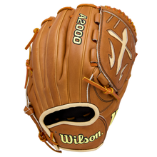 The Wilson A2000 B23 12" Baseball Glove, crafted from Pro Stock Leather, features brown leather with yellow stitching and laces, plus the Wilson logo and brand name on the outside, displayed against a white background.