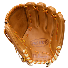 The Wilson A2000 B23 12" Baseball Glove (WBW10411712) features tan Pro Stock Leather with yellow lacing, shown open to reveal the palm, finger stalls, and embossed Wilson and A2000 logos.