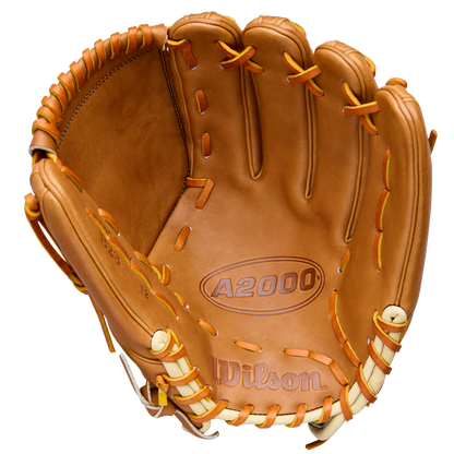 The Wilson A2000 B23 12" Baseball Glove (WBW10411712) features tan Pro Stock Leather with yellow lacing, shown open to reveal the palm, finger stalls, and embossed Wilson and A2000 logos.